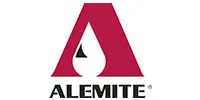 A red and black logo for alemite.