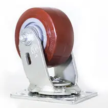 A red wheel on a metal stand.