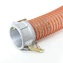 A close up of an orange hose with a metal clamp